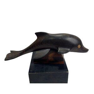 Vintage Rotary Wooden Hand Carved Dolphin Figurine Smooth Dark Wood 6.75 in